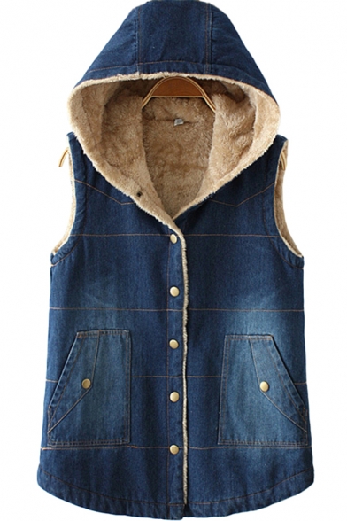 Vintage Womens Vest Medium Wash Thickened Sherpa Lined Button Fly Sleeveless Slim Fitted Hooded Denim Vest