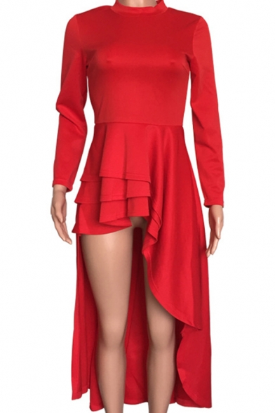 Womens Dress Stylish Plain High-Low Ruffle Hem Maxi Slim Fitted Round Neck Long Sleeve Flare Dress
