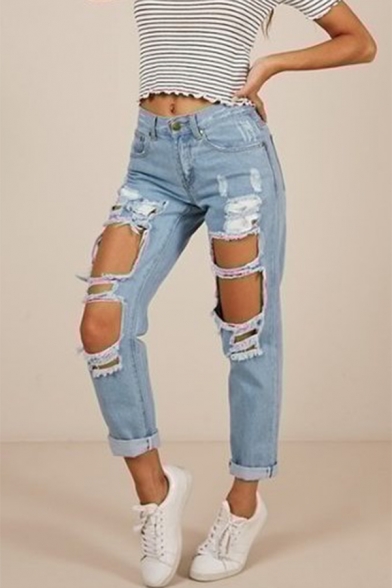 Womens Hot Popular Distressed Ripped Big Hole Light Blue Skinny Fit Jeans