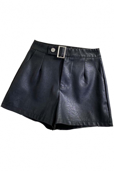 Womens Shorts Chic Metal-Buckle Detail Zipper Fly Wide Leg High Waist Regular Fitted Black PU Shorts