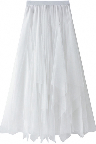 Womens Skirt Chic Asymmetric Layered Tulle Midi High Elastic Waist A-Line Skirt