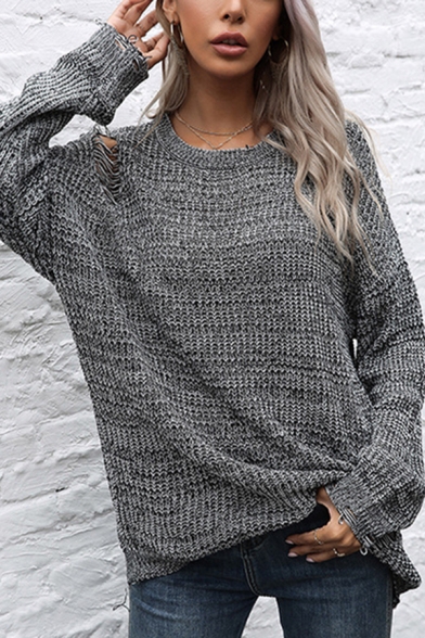 Womens Sweater Stylish Ripped Detail Loose Fitted Crew Neck Tunic Long Sleeve Sweater