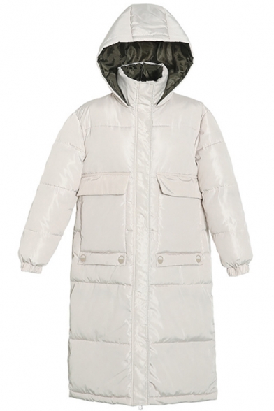 Womens Warm Plain Long Sleeve Flap Pocket Zip Up Longline Padded Puffer Coat with Hood