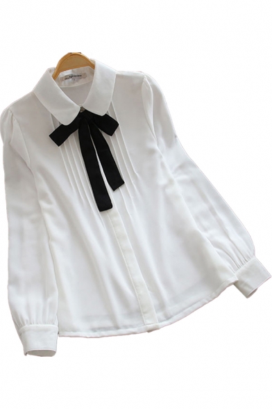 Youthful Women's Blouse Bow-Tied Solid Color Button-down Peter Pan Collar Long Puff Sleeves Regular Fitted Blouse