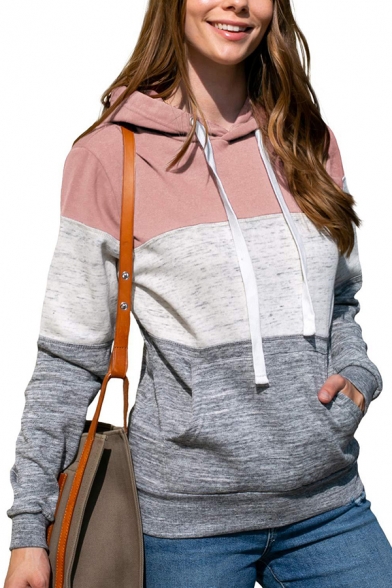 Basic Womens Hoodie Color Block Drawstring Long Sleeve Slim Fit Hooded Sweatshirt with Kangaroo Pocket
