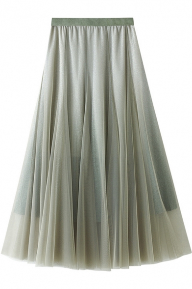 Basic Womens Skirt Ombre Color Bright Silk Tulle Midi High Elastic Waist A-Line Swing Skirt