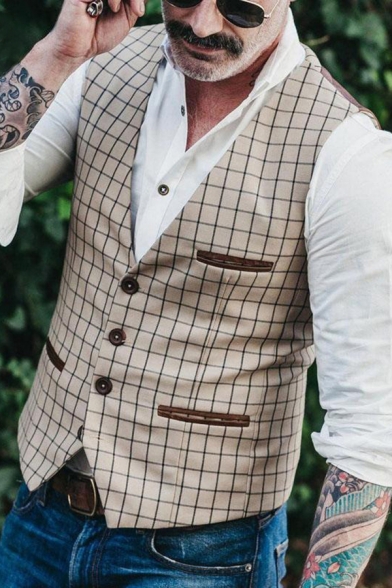 Classic Mens Vest Grid Print Button up V Neck Sleeveless Slim Fitted Vest with Pockets