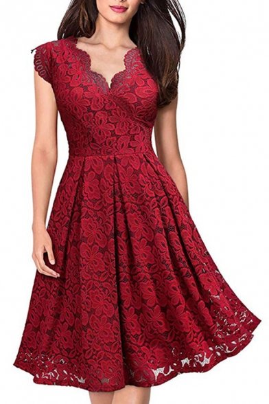 Classic Womens Dress Lace Scalloped Knee Length A-Line Slim Fitted V Neck Cap Sleeve Swing Dress