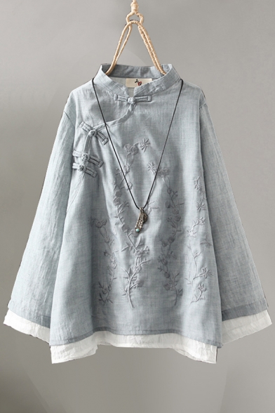 Creative Womens Shirt Floral Embroidered Double-Layer Cotton Linen Slant Frog Button down Loose Fit Long Sleeve Mandarin Collar Shirt