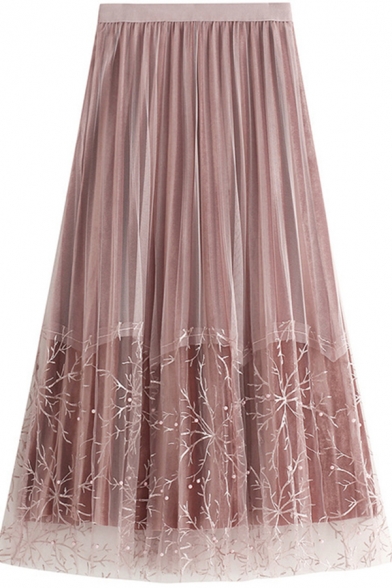Creative Womens Tulle Skirt Embroidered Lace Pearl Beaded Pleuche Midi High Elastic Waist A-Line Pleated Skirt