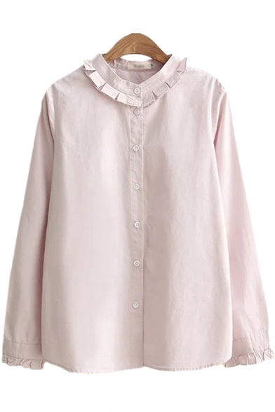 Elegant Womens Blouse Ruffled Hem Button-down Round Collar Solid Color Long Sleeves Regular Fitted Shirt Blouse