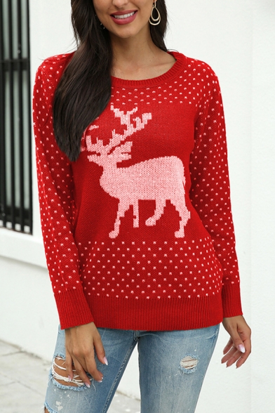 Fancy Sweater Reindeer Print Rib Cuffs Crew Neck Long Sleeves Regular Fit Sweater for Women