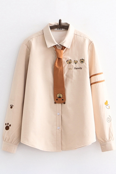 Fancy Women's Blouse Bear Heart  Embroidered Pattern Long Sleeves Regular Fitted Shirt