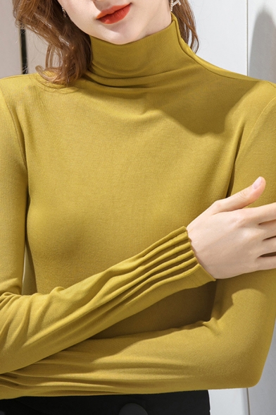 Fashionable Women's Knit Top Solid Color Pleated Hem Mock Neck Long Sleeves Fitted Sweater