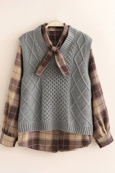 Girls Two Piece Set Classic Cable Rhombus Knit Outerwear Loose Fitted V Neck Sleeveless Sweater Vest with Plaid Pattern Tie-Neck Long Sleeve Shirt