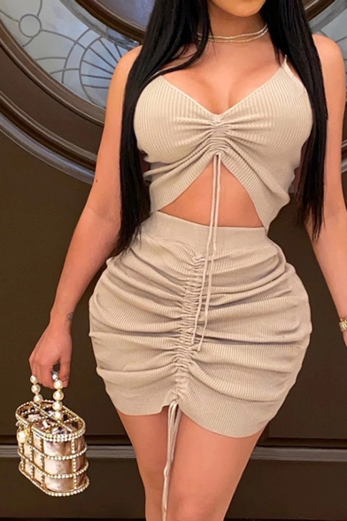 Leisure Women's Set Solid Color Ruched Front V Neck Sleeveless Slim Fitted Tank Top with High Waist Skirt Co-ords
