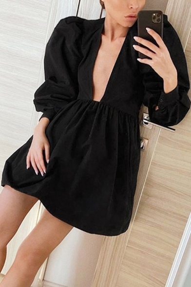 Leisure Womens Blouse Dress Solid Color V Neck Long Puff Sleeves Relaxed Fit Blouse Dress