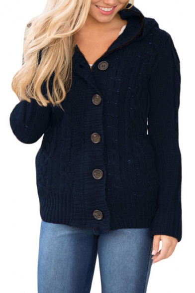 Leisure Womens Cardigan Space Dye Pattern Pocket Detail Button-down Rib-Knitted Trim Hooded Long-sleeved Slim Fitted Cardigan