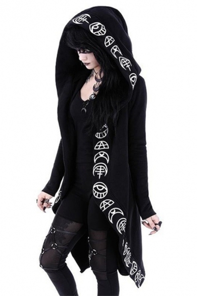 Mens Cool Fashion Punk Style Unique Printed Long Sleeve Black Longline Cloak Hoodie
