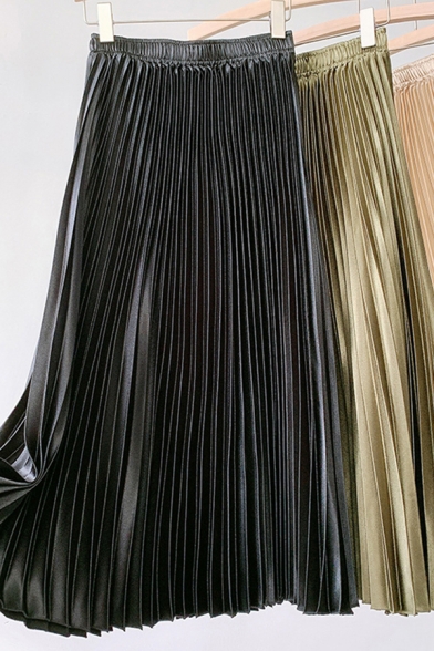 Popular Women's Skirt Velvet Solid Color Elastic Waist Midi Pleated Skirt