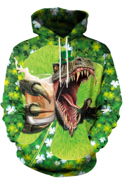 Saint Patrick's Day Funny Green Hat Dinosaur Printed Unisex Casual Loose Hoodie