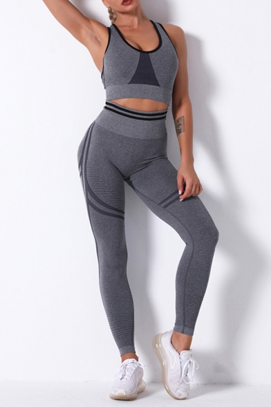 Sporty Womens Active Set Contrast Stitching Crew Neck Sleeveless Slim Fitted Crop Top with High Rise Skinny Pants Workout Co-ords