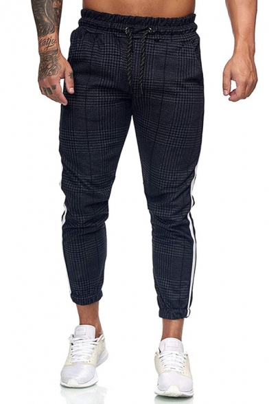 Stylish Mens Pants Tartan Plaid Pattern Side Stripe Pocket Drawstring Low Waist Fitted 7/8 Length Pants