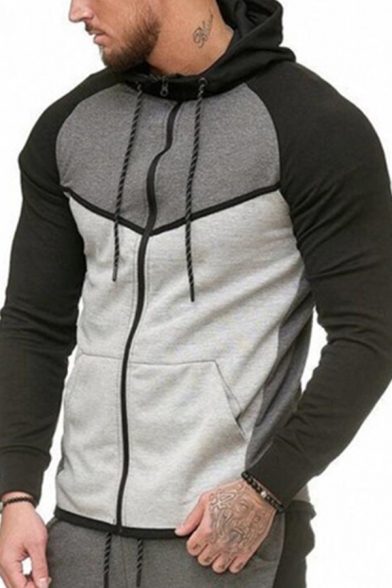 Trendy Men's Hoodie Color Block Contrast Panel Kangaroo Pocket Raglan Long Sleeves Zip Closure Regular Fitted Drawstring Hooded Hooded Sweatshirt