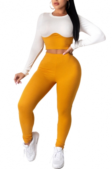 Trendy Women's Co-ords Contrast Panel Color Block Crew Neck Long-sleeved Slim Fitted Tee Top with Long Pants Set