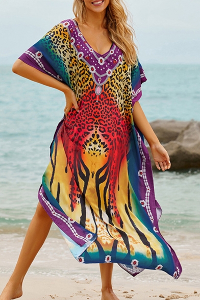 Tribal Style Women's T-Shirt Dress Leopard Pattern Contrast Panel Side Slits Half Batwing Sleeves V Neck T-Shirt Dress
