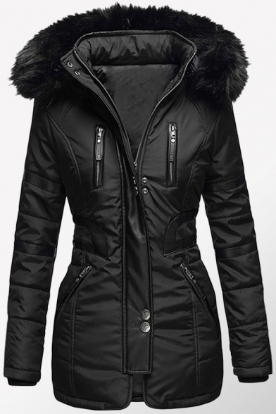 Unique Womens Coat Contrast PU Patchwork Fur-Trimmed Hood Zipper up Mid-Length Slim Fit Long Sleeve Parka