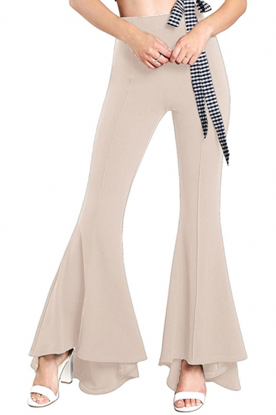 Unique Womens Pants Plain Stretch Ruffle Hem High Rise Full Length Relaxed Fit Flare Relaxed Pants