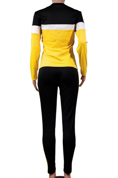 Vintage Womens Co-ords Color Block Panel Long Sleeve Round Neck Sweatshirt Slim Fitted Pants Co-ords