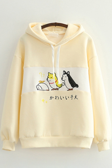 Womens Hooded Sweatshirt Simple Dog Japanese Letter Embroidery Panel Drawstring Long Drop-Sleeve Relaxed Fitted Hooded Sweatshirt