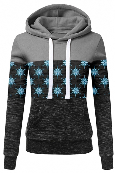 Womens Hoodie Fashionable Color Block Snowflake Print Kangaroo Pocket Drawstring Long Sleeve Slim Fit Hooded Sweatshirt