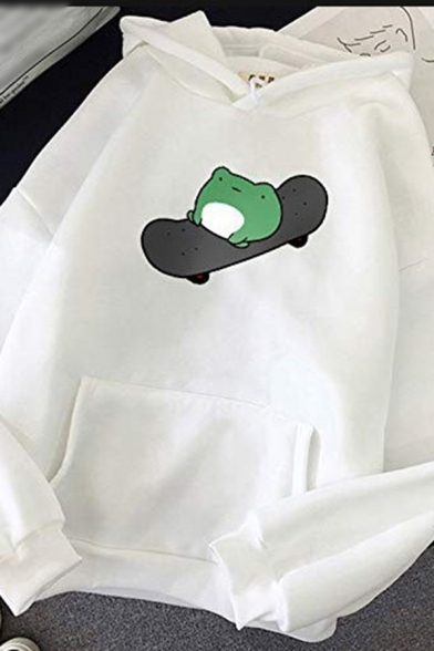 Womens Hoodie Stylish Skateboard Frog Print Kangaroo Pocket Drawstring Long Sleeve Relaxed Fitted Hooded Sweatshirt