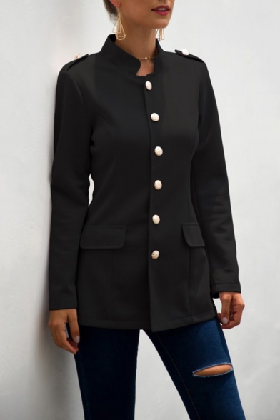 Womens Jacket Stylish Plain Epaulette Single Breasted Slim Fit Long Sleeve Stand Collar Suit Jacket