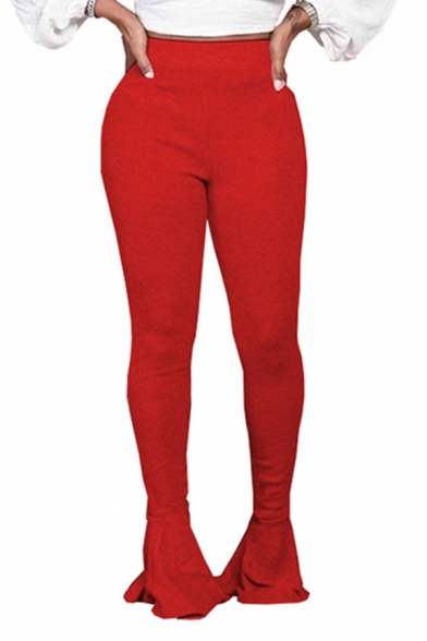 Womens Pants Trendy Solid Color Ruffle Hem Mid Waist Full Length Slim Fit Flare Lounge Pants