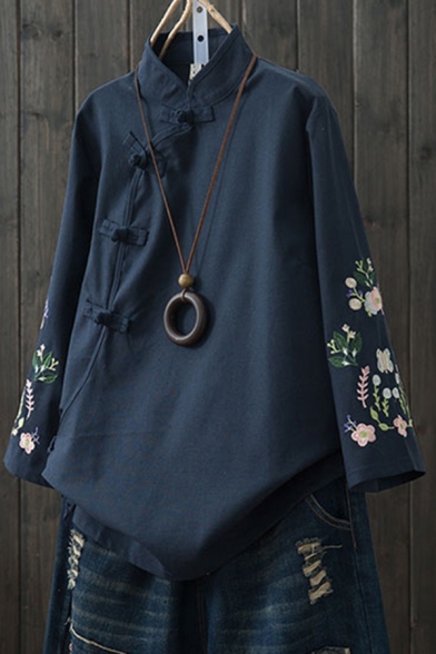 Womens Shirt Stylish Flower Embroidery Slant Frog Button down Loose Fit Long Sleeve Mandarin Collar Shirt