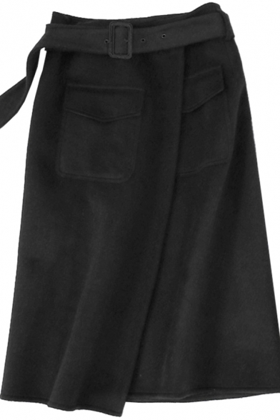 Womens Skirt Unique Plain Double-Sided Woolen Flap Pockets Front Buckle Belted High Rise Midi Bodycon Wrap Skirt