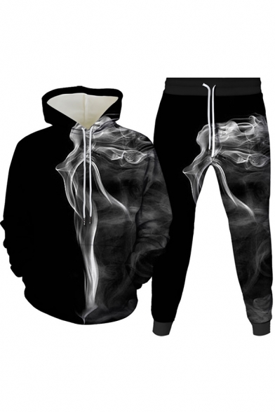 Basic Mens Co-ords 3D Smoke Print Long Sleeve Hoodie Ankle Length Tapered Pants Slim Fit Jogger Co-ords