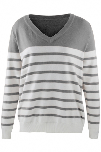 Basic Sweater Contrast Stripe Pattern off the Shoulder Ribbed Trim Long Sleeves Regular Fit Sweater for Women