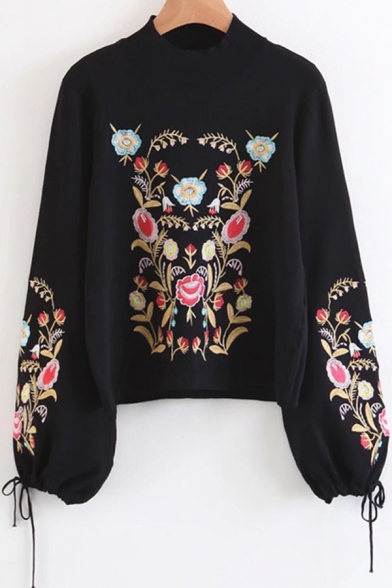 Chic Embroidery Floral Pattern Round Neck Long Sleeve Pullover Sweater