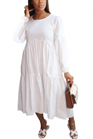 Classic Womens Dress Solid Color Long Sleeve Midi A-Line Regular Fitted Round Neck Tiered Dress
