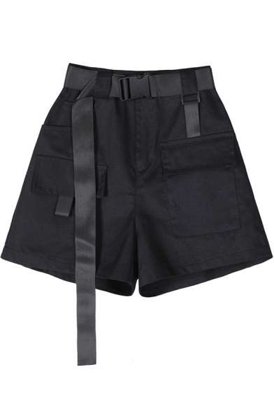 Cool Women's Shorts Solid Color Flap Pockets High Waist Regular Fitted Straight Shorts with Buckle Belt