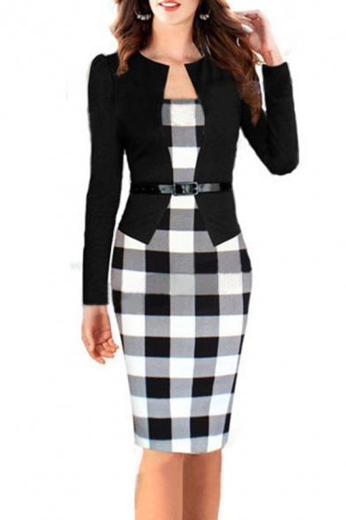 Creative Womens Dress Contrast Checkered Print Faux Twinset Knee-Length Slim Fitted Long Sleeve Bodycon Dress with Belt