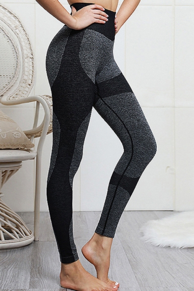 Creative Womens Fitness Leggings Contrast Panel Space Dye Pattern Ribbed Hem High Waist Full Length Skinny Gym Pants