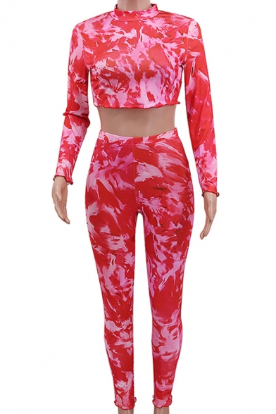 Elegant Women's Co-ords All over Water Print Mock Neck Long Sleeves Cropped Tee Top with High Waist Long Pants Set