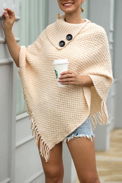 Fine-Knitted Shawl Knit Top Solid Color Tassel Hem Button Detail Rolled Asymmetrical Turtleneck 3/4 Sleeves Regular Fitted Pullover Sweater