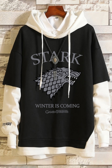 Game of Thrones Stark Wolf WINTER IS COMING Printed Long Sleeve Casual Loose Pullover Fake Two Piece Hoodie
